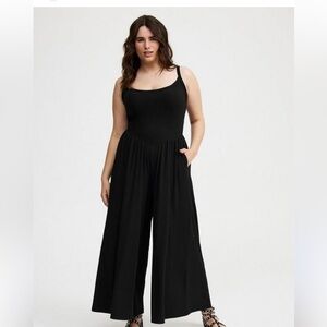 Torrid Super Soft Rib Bow Tie Shoulder Black Wide-Leg Jumpsuit Romper